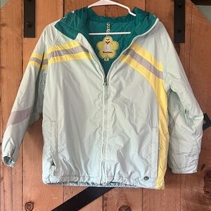 Burton Kids' Teal and Yellow snowboard jacket. Water resistant w hood
